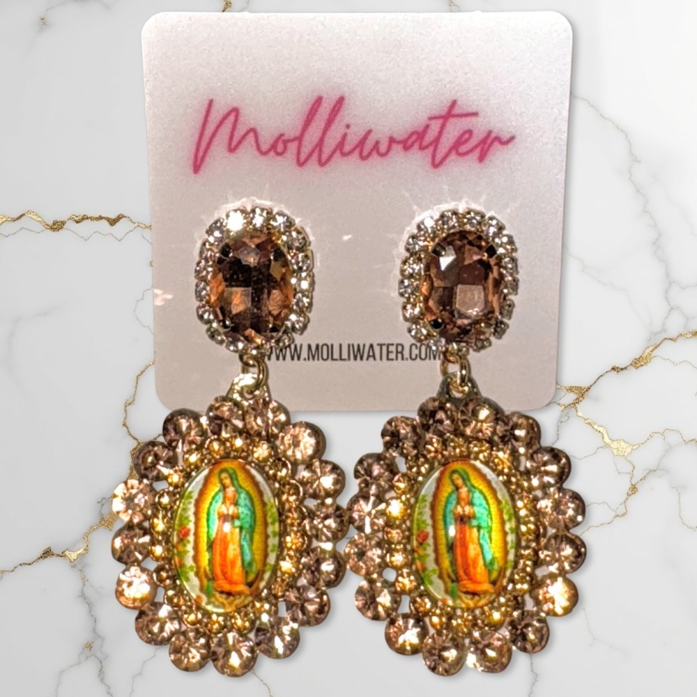 New Beautiful Virgin Mary Rhinestone Peach Dangle Earrings Virgen‎ de Guadalupe